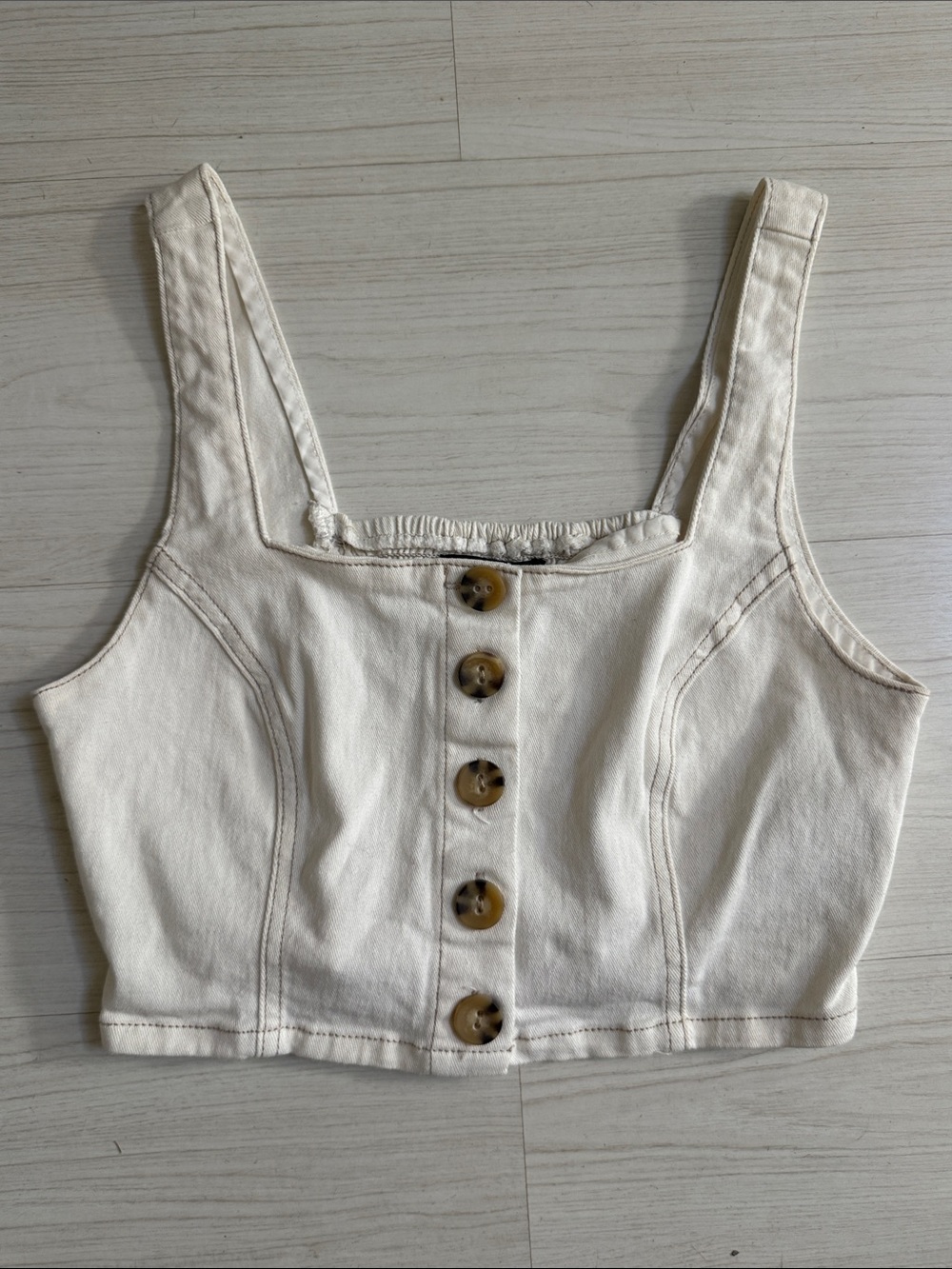 Forever 21 Off White Denim Button-Front Crop Tank Top